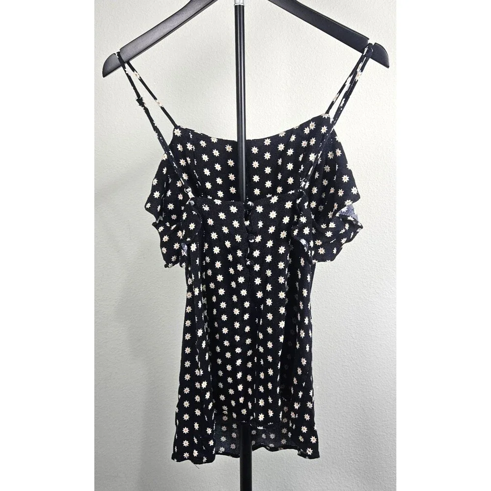 Free People XS Black Daisy Print Cold Shoulder Top Ruffle Trim Boho Rayon‎ Cami